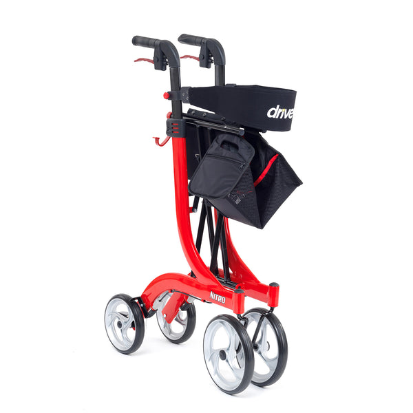 Drive Nitro Rollator Tall, 10 inch front casters, black handles, lightweight aluminium frame, storage bags attached, folded side view.