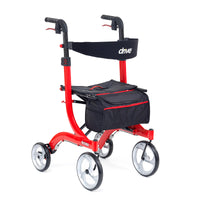 Drive Nitro Rollator Tall with 10-inch front wheels, lightweight frame, seat, storage bag and hand brakes, front angle view.