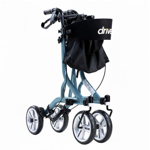 Drive Nitro SL Rollator with four large wheels, ergonomic adjustable handles, hand brakes and black storage bag, side view.