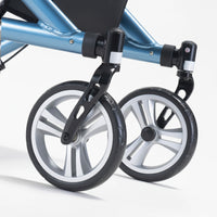 Close-up of two black and silver wheels on the aluminium Nitro SL Rollator by Drive, white background.