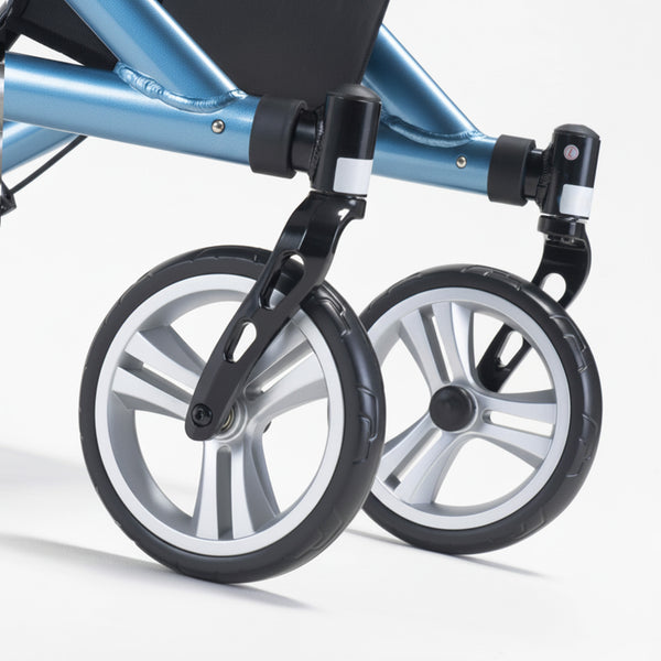 Close-up of two black and silver wheels on the aluminium Nitro SL Rollator by Drive, white background.