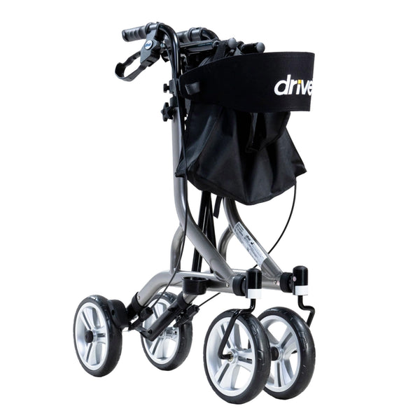 Drive Nitro SL Rollator with four large wheels, hand brakes, adjustable handles and black storage bag, front view.