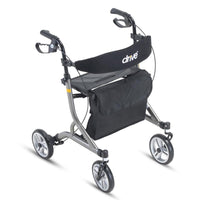 Drive Nitro SL Rollator with ergonomic adjustable handles, hand brakes, black seat, storage pouch and logo on backrest, front view.