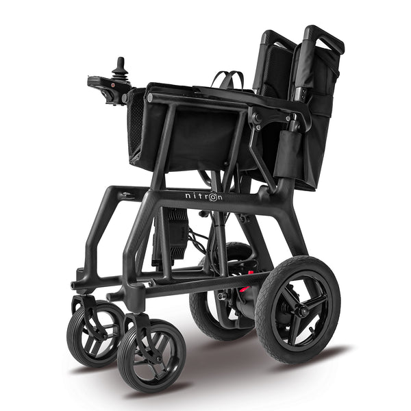 Nitron Carbon Powerchair with large rear wheels and left-arm joystick control, lightweight design, side view.