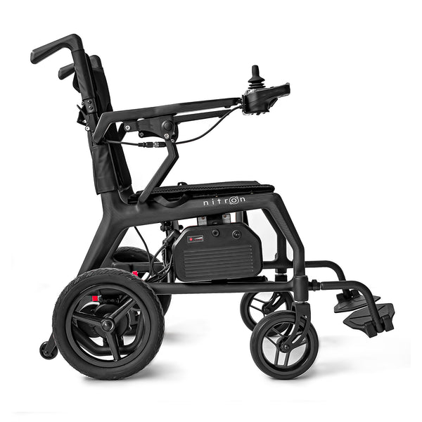 Motion Healthcare Nitron Powerchair with large rear wheels and right-arm joystick control, side view.