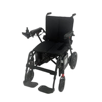 Urathon Nira Lightweight Powerchair with armrests, footrests, large rear wheels and left joystick control, side view.