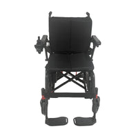 Urathon Nira Lightweight Powerchair with padded seat, armrests, footrests and left-arm joystick control, front view.