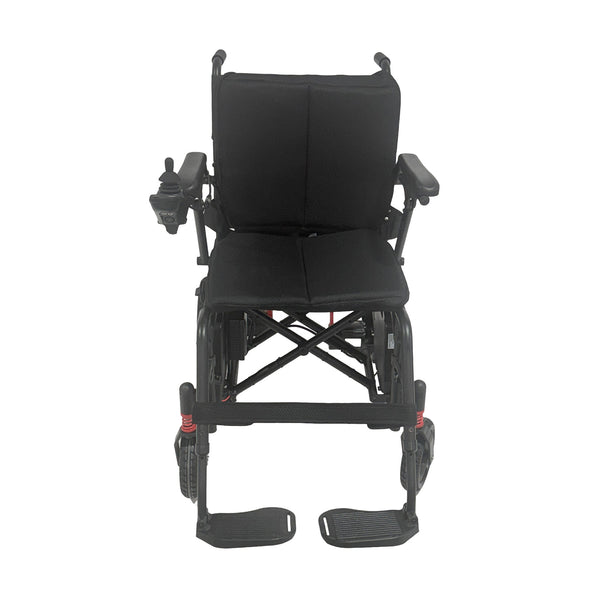 Urathon Nira Lightweight Powerchair with padded seat, armrests, footrests and left-arm joystick control, front view.