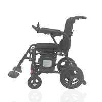 Urathon Nira Lightweight Powerchair with joystick, padded seat and large rear wheels, side view.