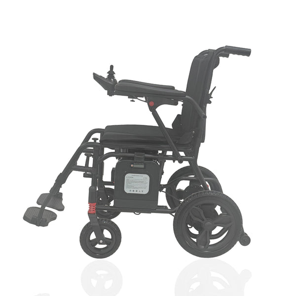 Urathon Nira Lightweight Powerchair with joystick, padded seat and large rear wheels, side view.