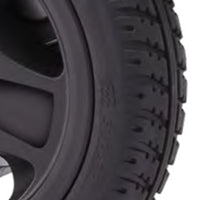 Urathon Nira Lightweight Powerchair tyre and wheel tread with airline-friendly batteries, close-up.