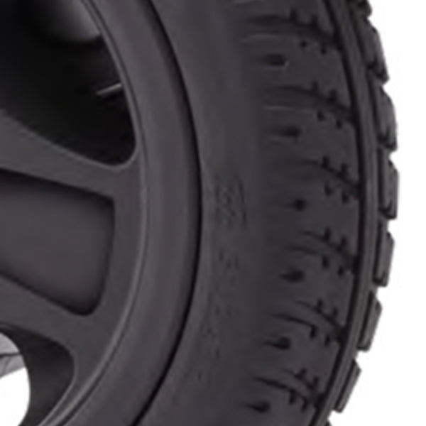 Urathon Nira Lightweight Powerchair tyre and wheel tread with airline-friendly batteries, close-up.