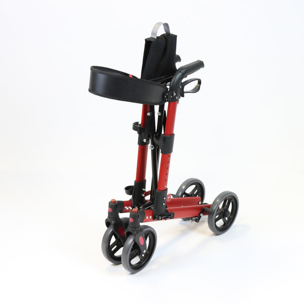 NRS Compact Easy Plus Rollator with 4 wheels and adjustable handles, shown folded upright against a white background, front view.