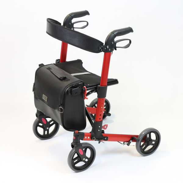 NRS Compact Easy Plus Rollator with height-adjustable handles, four wheels and large front storage bag, front view.