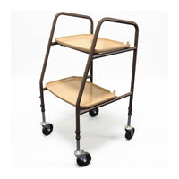 NRS Home Helper Wheeled Trolley with two trays and four black castors, NRS branding, front angle.