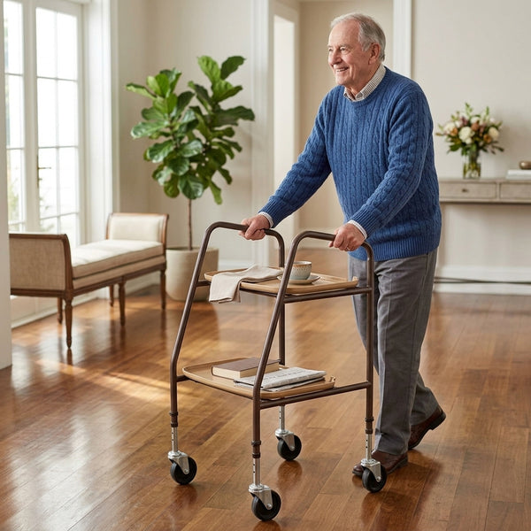Elderly man using NRS Home Helper Wheeled Trolley in a bright living room with plants and wooden floors, in use view.