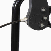 Black metal part with cable and bolts on NRS Three Wheel Aluminium Rollator, close-up.