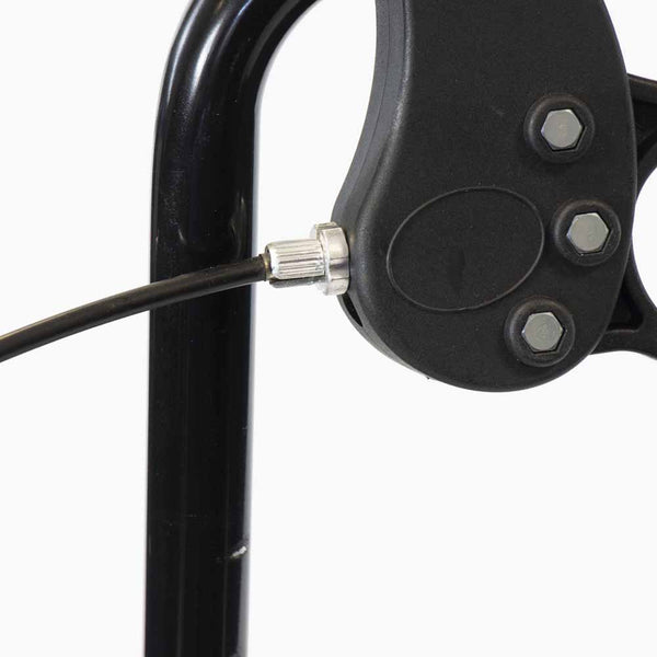 Black metal part with cable and bolts on NRS Three Wheel Aluminium Rollator, close-up.