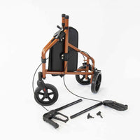 NRS Three Wheel Aluminium Rollator folded with black wheels, detached footrests and screws on white background, side view.