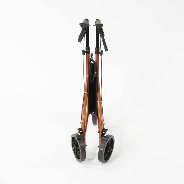 NRS Three Wheel Aluminium Rollator with black wheels, upright on a plain white background, side view.