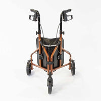 NRS Three Wheel Aluminium Rollator with handlebars and black seat, foldable frame, side view.
