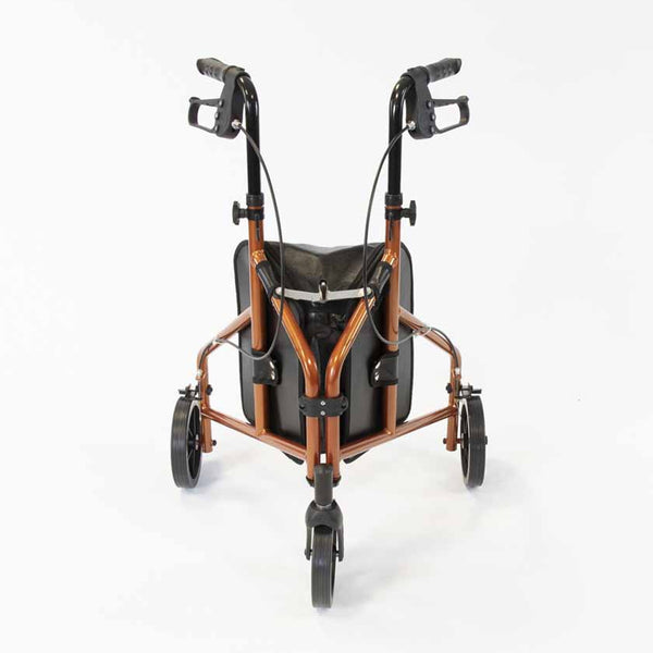 NRS Three Wheel Aluminium Rollator with handlebars and black seat, foldable frame, side view.