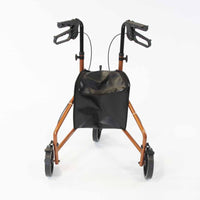 NRS Three Wheel Aluminium Rollator with black handles and a black storage pouch, front view.