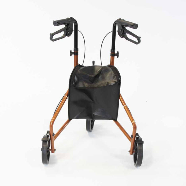 NRS Three Wheel Aluminium Rollator with black handles and a black storage pouch, front view.