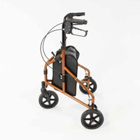 NRS Three Wheel Aluminium Rollator, compact foldable walking aid with black wheels and storage bag, front view.
