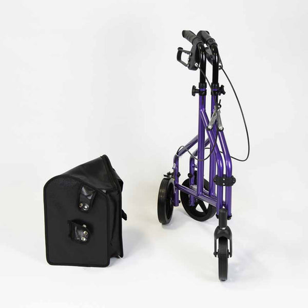NRS Three Wheel Aluminium Rollator folded next to black carrying case on white background, side view.