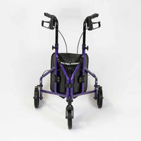 NRS Three Wheel Aluminium Rollator with hand brakes and black pouch, white background, front view.
