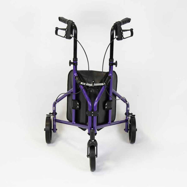 NRS Three Wheel Aluminium Rollator with hand brakes and black pouch, white background, front view.