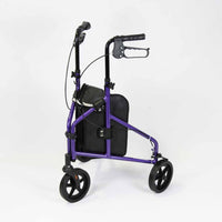 NRS Three Wheel Aluminium Rollator with black handlebars, storage bag, and large wheels on a white background, front view.