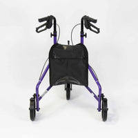 NRS Three Wheel Aluminium Rollator with hand brakes and front bag on a white background, front view.