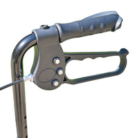 Close-up of ergonomic brake handle on NRS Three Wheel Aluminium Rollator, foldable walking aid, close-up view.
