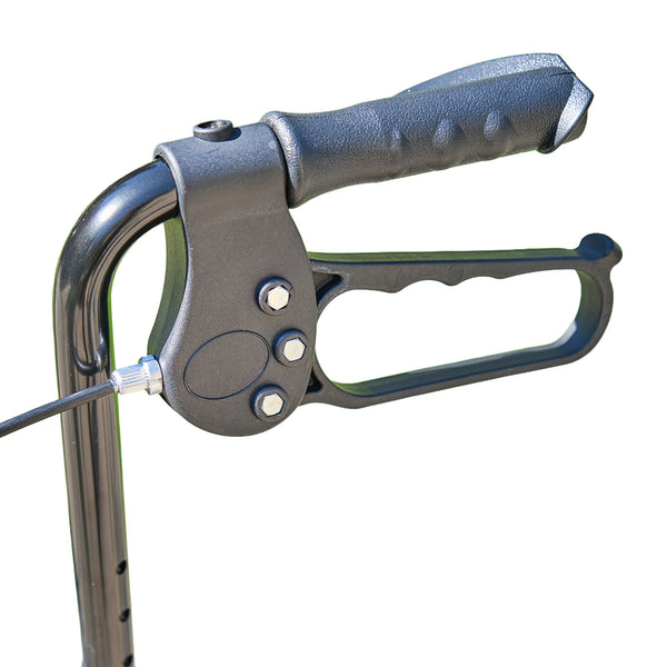 Close-up of ergonomic brake handle on NRS Three Wheel Aluminium Rollator, foldable walking aid, close-up view.