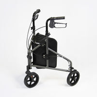 NRS Three Wheel Aluminium Rollator with hand brakes and black bag, white background, front view.