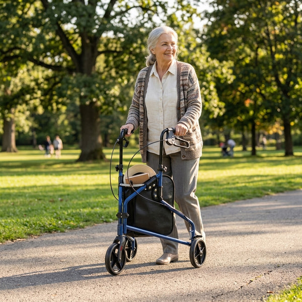 Elderly woman using NRS Three Wheel Steel Rollator for support while walking in the park, outdoors in use.
