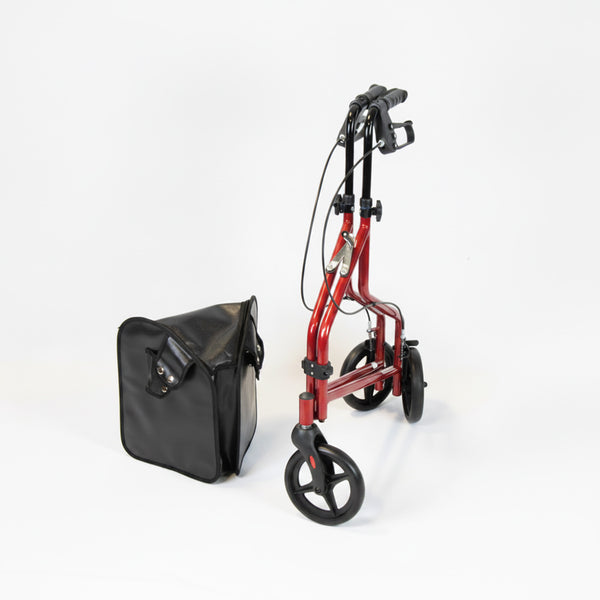 NRS Three Wheel Steel Rollator with black bag, white background, side view.