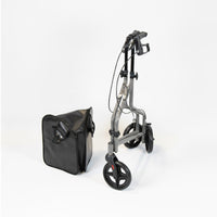 NRS Three Wheel Steel Rollator with black carrying bag beside it on a white background, side view.