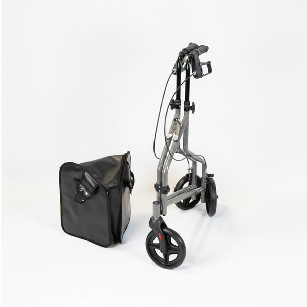 NRS Three Wheel Steel Rollator with black carrying bag beside it on a white background, side view.