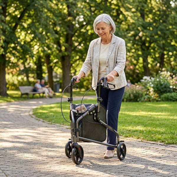 Older woman using NRS Three Wheel Steel Rollator while walking on a sunny park path, in use view.