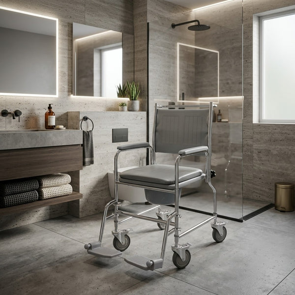 NRS Wheeled Commode height adjustable in a modern bathroom next to walk-in shower and sink, front view.