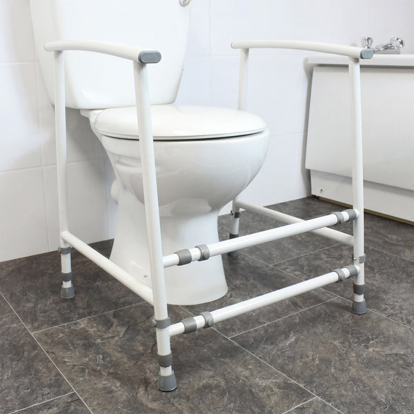 NRS Nuvo Adjustable Toilet Frame with handrails for bathroom support, adjustable height, front view.