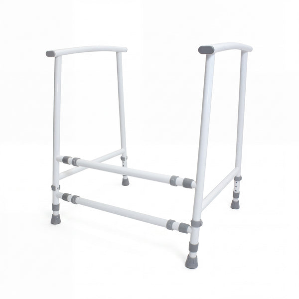 NRS Nuvo Adjustable Toilet Frame with rubber-tipped legs for bathroom support, front view.