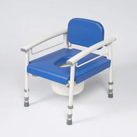 NRS Nuvo Petite childrens height adjustable commode with armrests, backrest and removable container, front view.