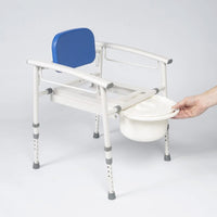 NRS Nuvo Petite Height Adjustable Commode with removable bucket under seat, blue backrest visible, front view.