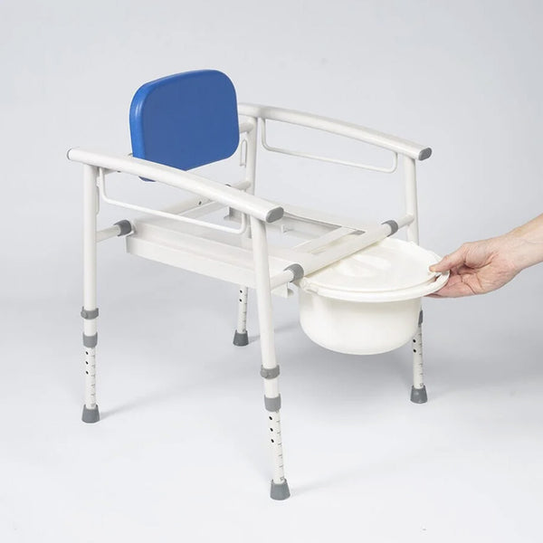 NRS Nuvo Petite Height Adjustable Commode with removable bucket under seat, blue backrest visible, front view.