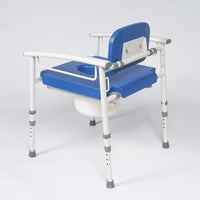 NRS Nuvo Petite Children’s height adjustable commode with armrests and removable bucket, front view.