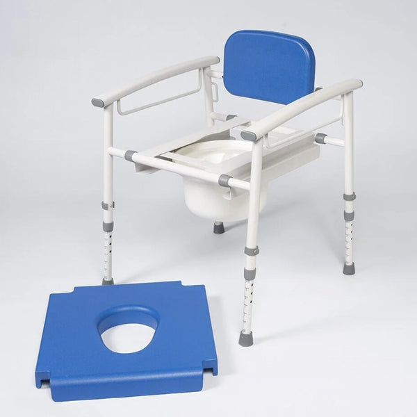 NRS Nuvo Petite children’s height adjustable commode with removable seat cover, front view.